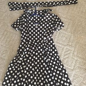 Brown and white polka dot dress.